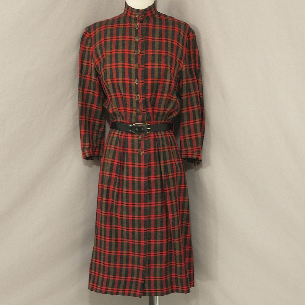 Anne Fogarty Vintage Designer Plaid Button-Up Dress 40s Classic Red Black &Brown